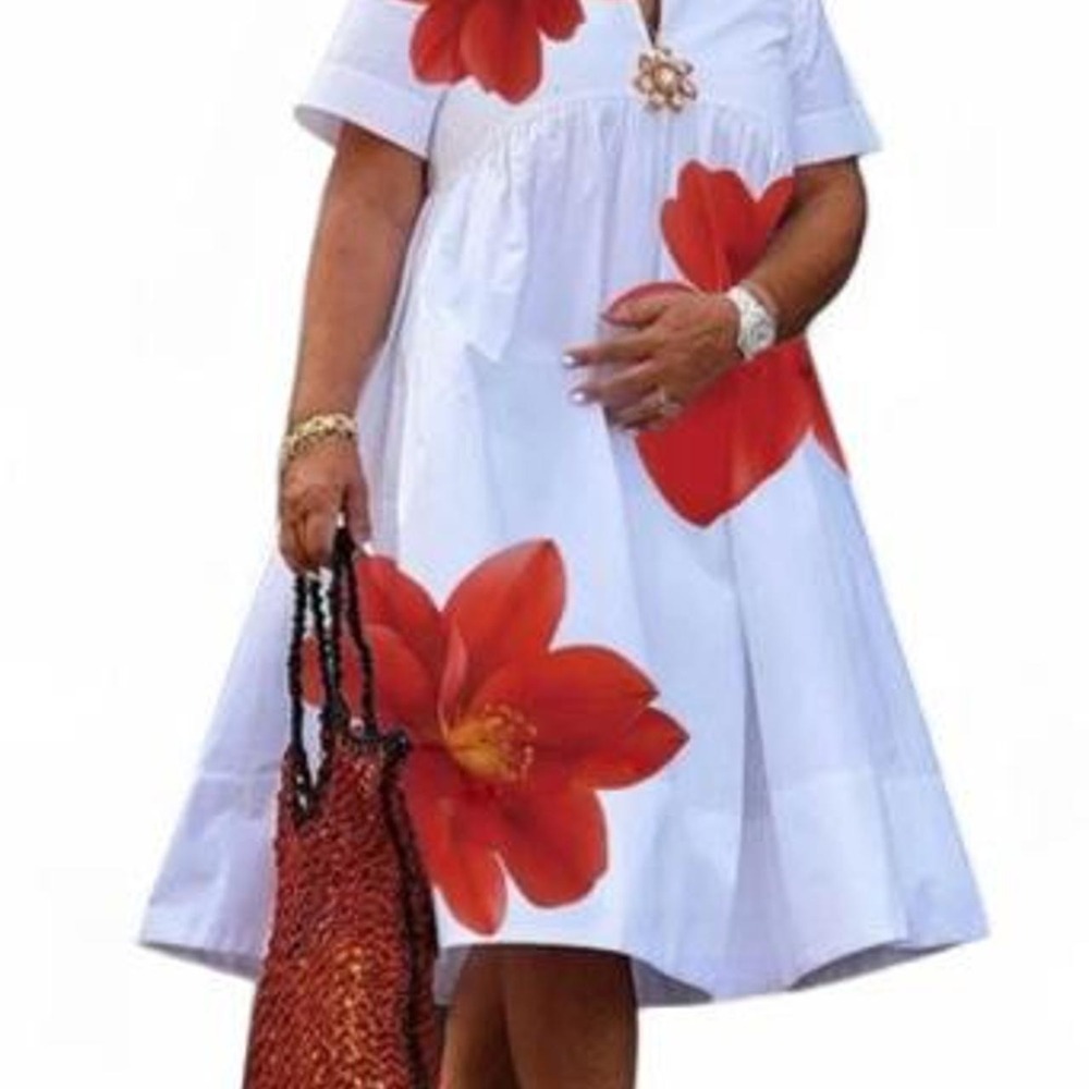 UOOZEE Women's A-Line Loose Flower Print Pleated V-Neck Midi Dress